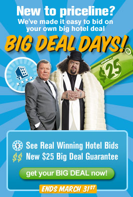 New to priceline? We've made it easy to bid on your own big hotel deal - BIG DEAL DAYS! - See Real Winning Hotel Bids - New $25 Big Deal Guarantee - get your BIG DEAL now! - Ends March 31st